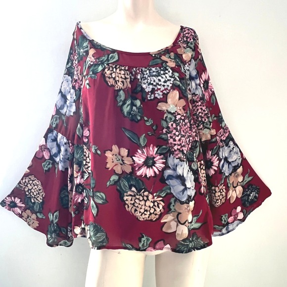 Mary & Mabel Tops - Mabel Floral Fairy‎ Blouse L Burgundy Romantic Top Boho Peasant Cottagecore Chic